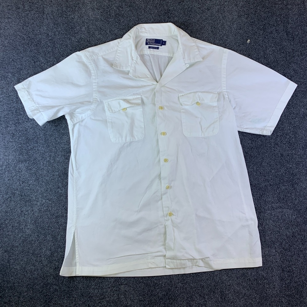 Vintage Polo Ralph Lauren Shirt Mens L White Cotton Camp Collar Short Sleeve